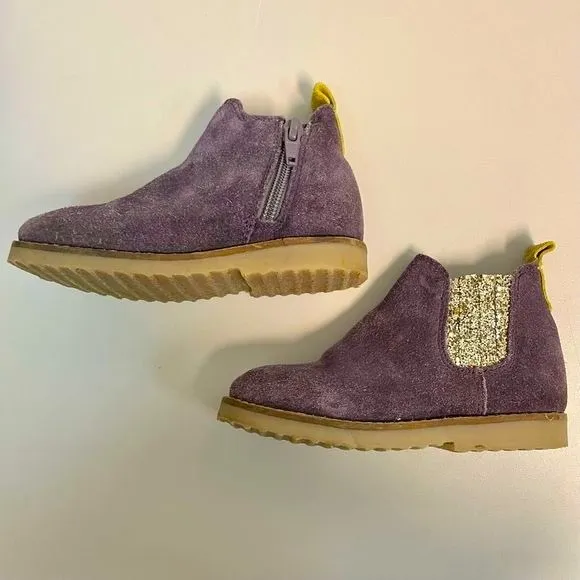 Mini Boden Boots Girls 9.5 US 26 EU Chelsea Purple Suede Gold Glitter Zip Winter