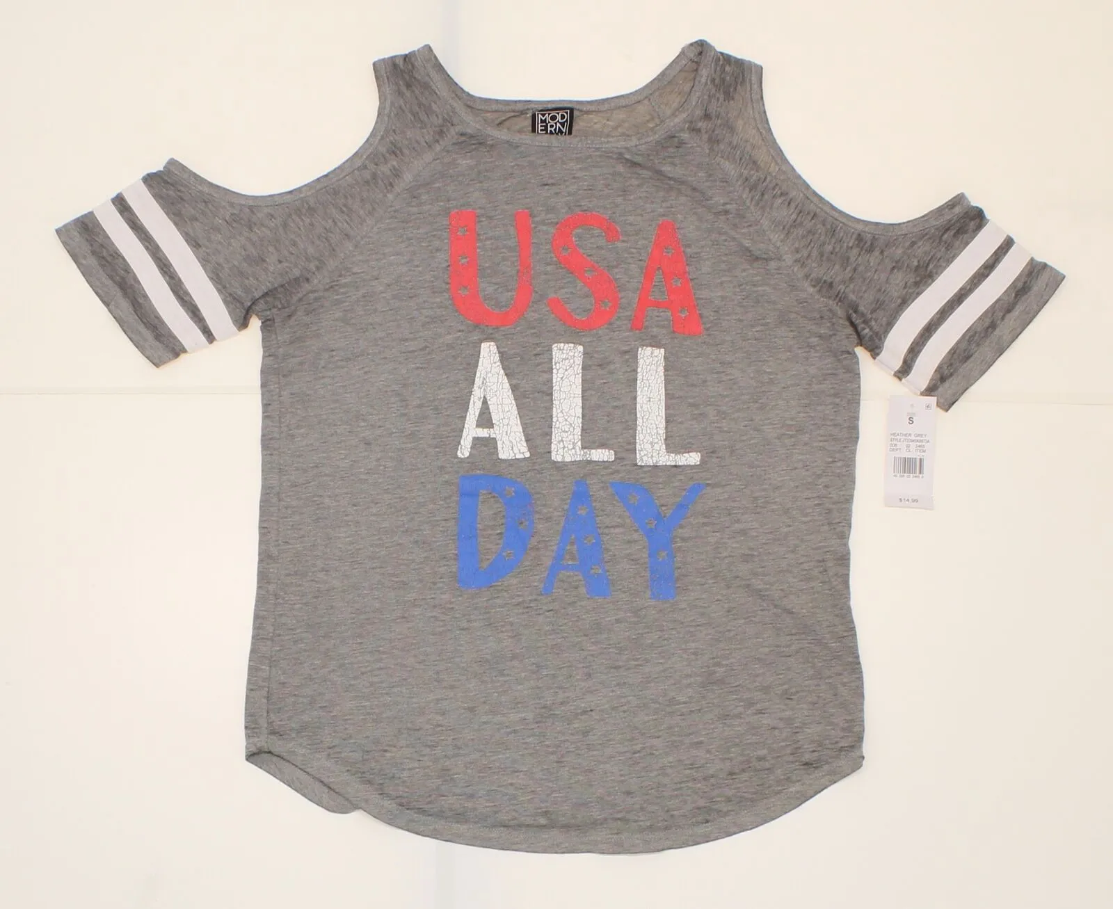 ModernLux Women's Short Sleeve USA ALL DAY Cold Shoulder Graphic T-Shirt