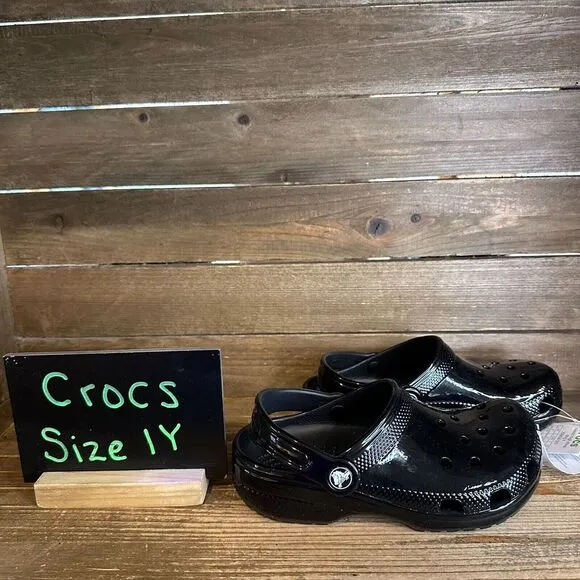 New Big Kids Crocs Classic Black High Shine Patent Clogs Shoes Sandals Size‎ 1 Y