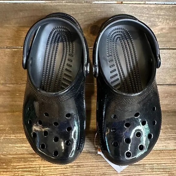 New Big Kids Crocs Classic Black High Shine Patent Clogs Shoes Sandals Size‎ 1 Y