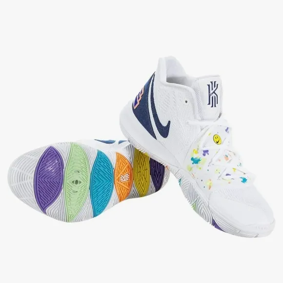 Nike White and Blue Sneakers with Colorful Sole