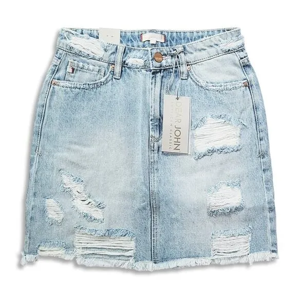 NWT DEAR JOHN Kaylee High Rise Frayed Hem Jean Destructed Denim Mini Skirt