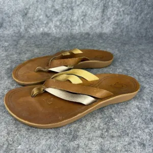 Olukai Kaekae sandals size 8 Leather Flip Flops Sahara Bubbly Golden
