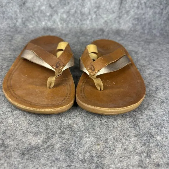 Olukai Kaekae sandals size 8 Leather Flip Flops Sahara Bubbly Golden