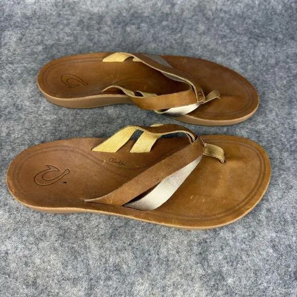 Olukai Kaekae sandals size 8 Leather Flip Flops Sahara Bubbly Golden