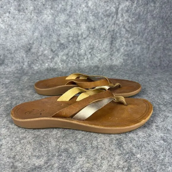 Olukai Kaekae sandals size 8 Leather Flip Flops Sahara Bubbly Golden