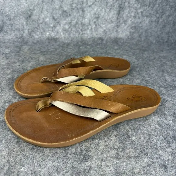 Olukai Kaekae sandals size 8 Leather Flip Flops Sahara Bubbly Golden