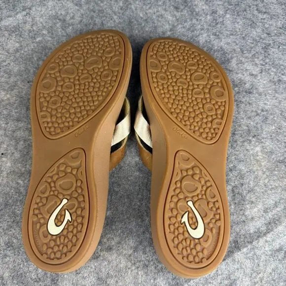 Olukai Kaekae sandals size 8 Leather Flip Flops Sahara Bubbly Golden