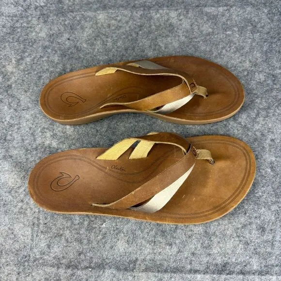 Olukai Kaekae sandals size 8 Leather Flip Flops Sahara Bubbly Golden