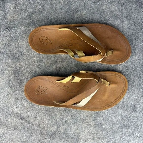 Olukai Kaekae sandals size 8 Leather Flip Flops Sahara Bubbly Golden