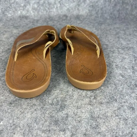 Olukai Kaekae sandals size 8 Leather Flip Flops Sahara Bubbly Golden