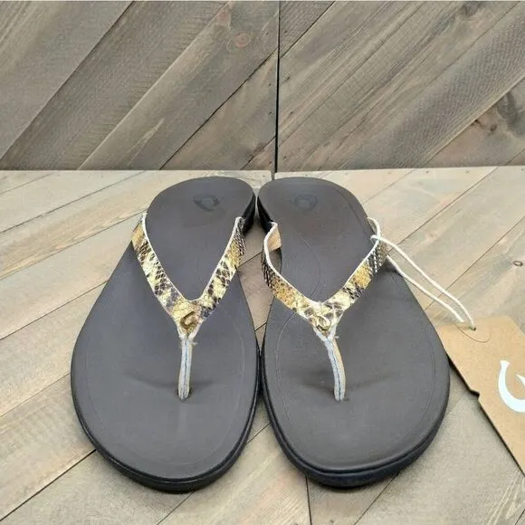 Olukai Ho'opio Leather Flip Flop Sandals Womens Size 7‎ Brown Casual Snake Print