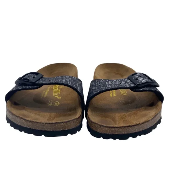 Papillio by Birkenstock Madrid Sandals Sz 7 Black Leather Snake Slide Casual