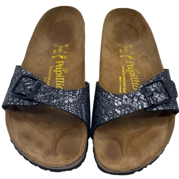 Papillio by Birkenstock Madrid Sandals Sz 7 Black Leather Snake Slide Casual
