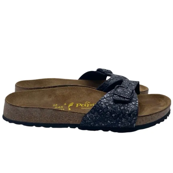 Papillio by Birkenstock Madrid Sandals Sz 7 Black Leather Snake Slide Casual
