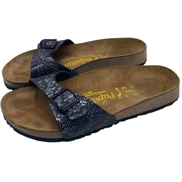 Papillio by Birkenstock Madrid Sandals Sz 7 Black Leather Snake Slide Casual