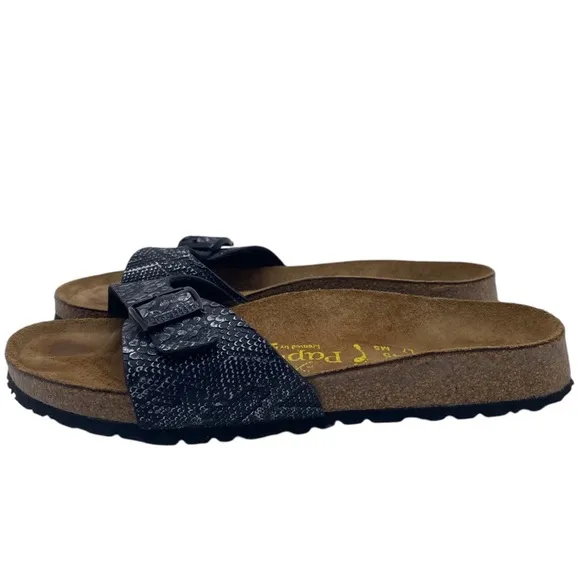 Papillio by Birkenstock Madrid Sandals Sz 7 Black Leather Snake Slide Casual