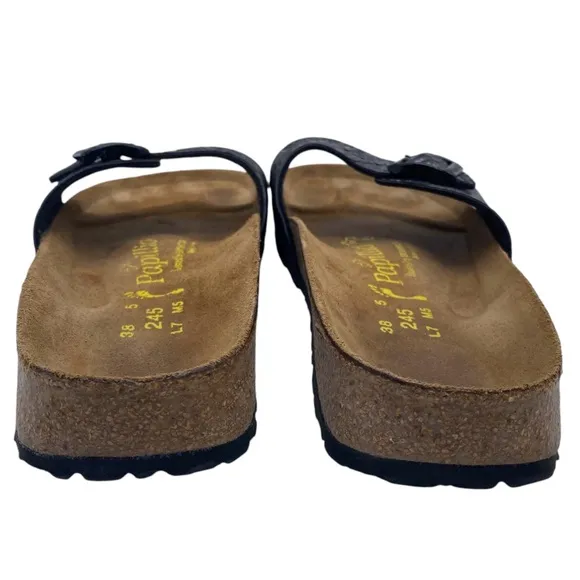 Papillio by Birkenstock Madrid Sandals Sz 7 Black Leather Snake Slide Casual