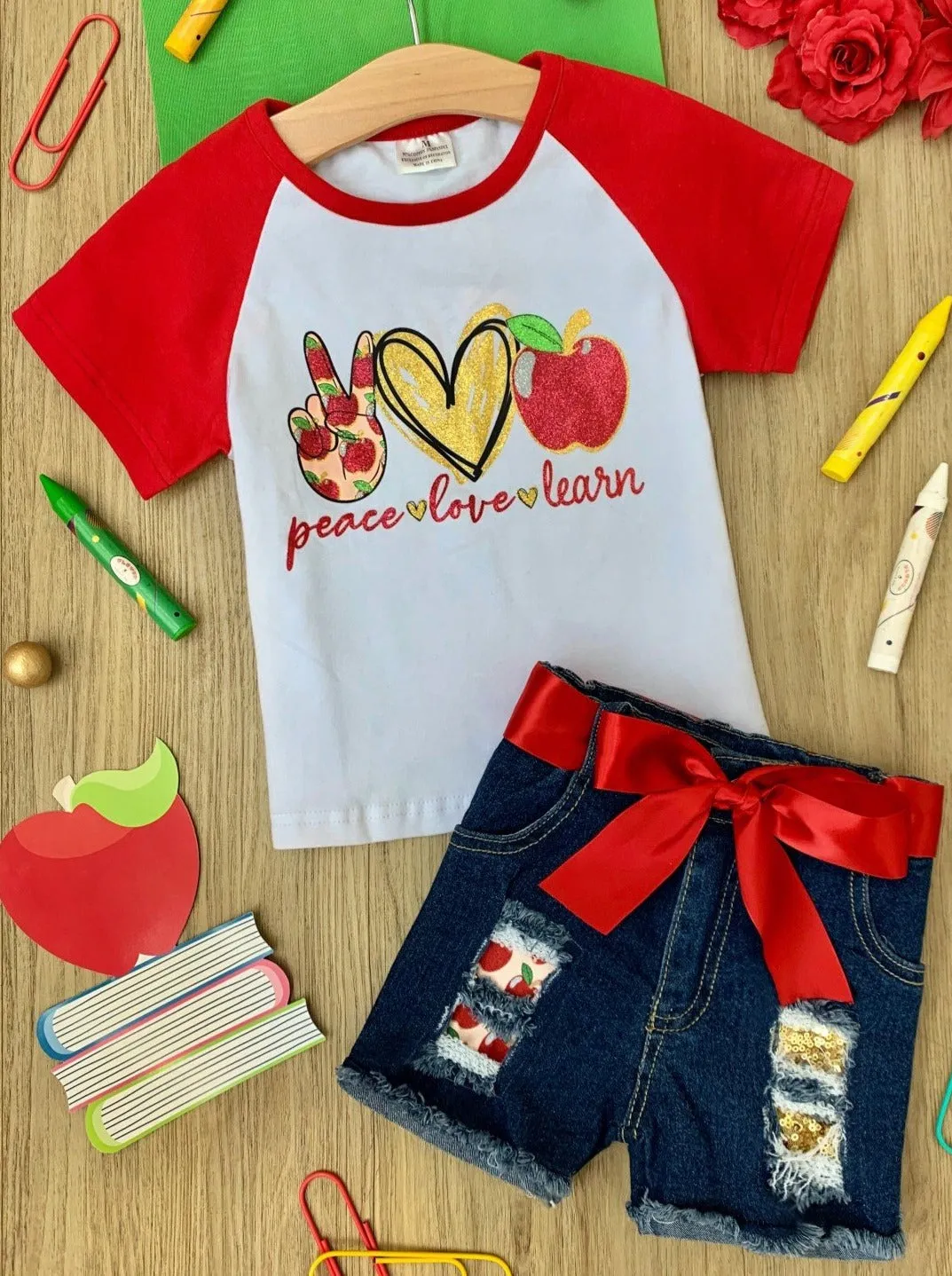 Peace, Love, Learn Patched Denim Short Set