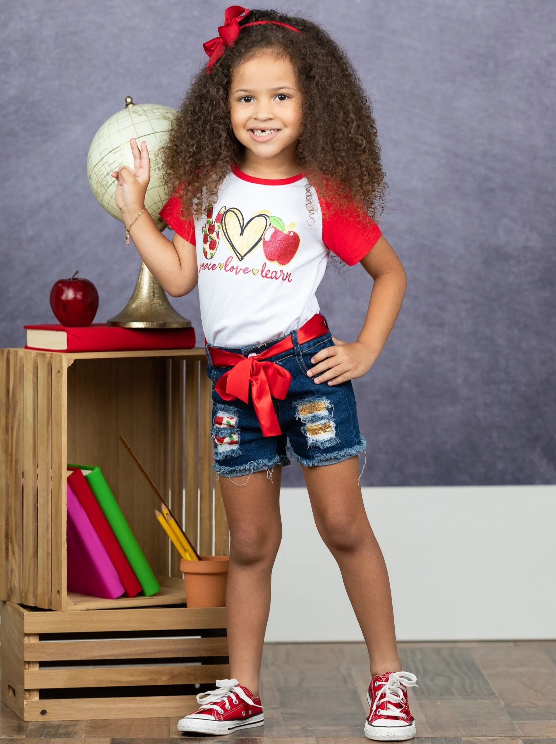 Peace, Love, Learn Patched Denim Short Set