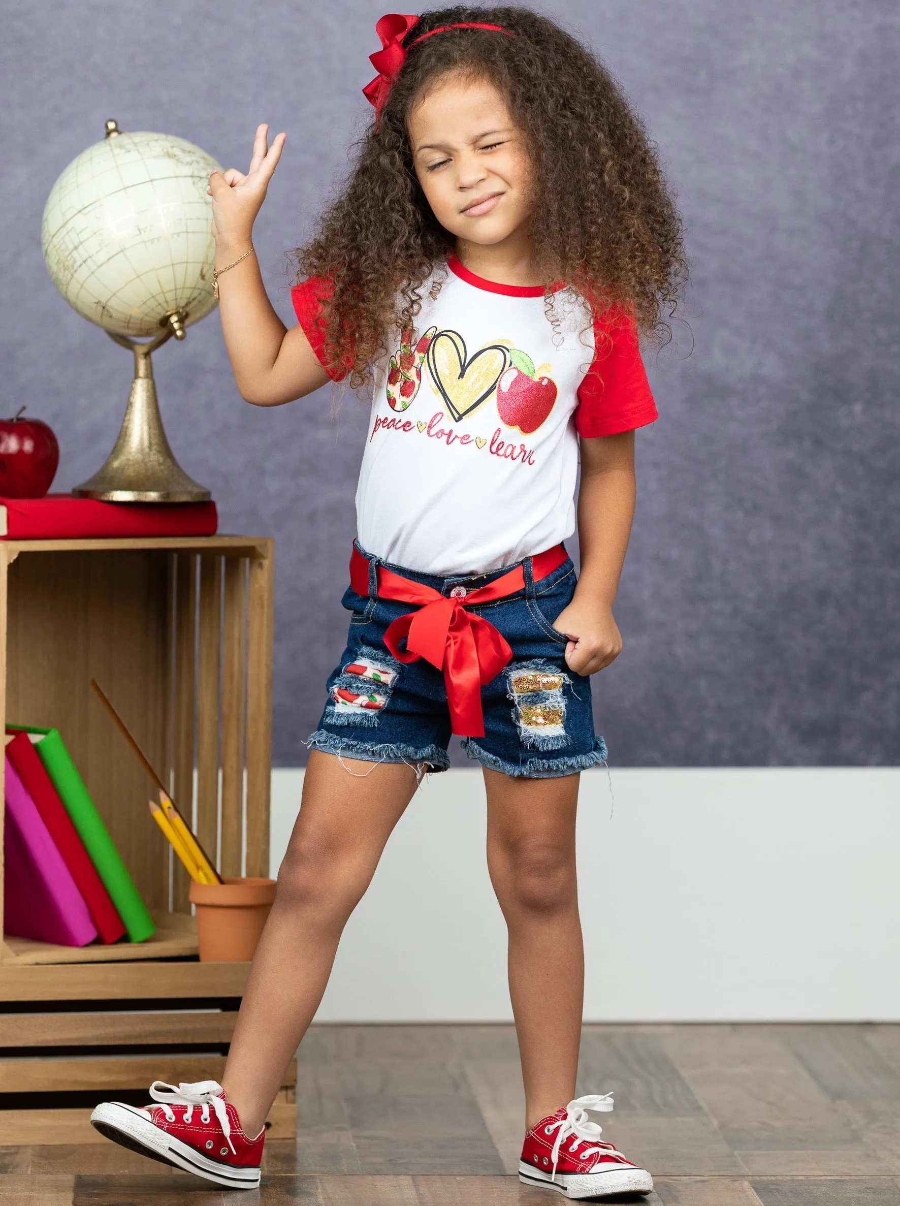 Peace, Love, Learn Patched Denim Short Set