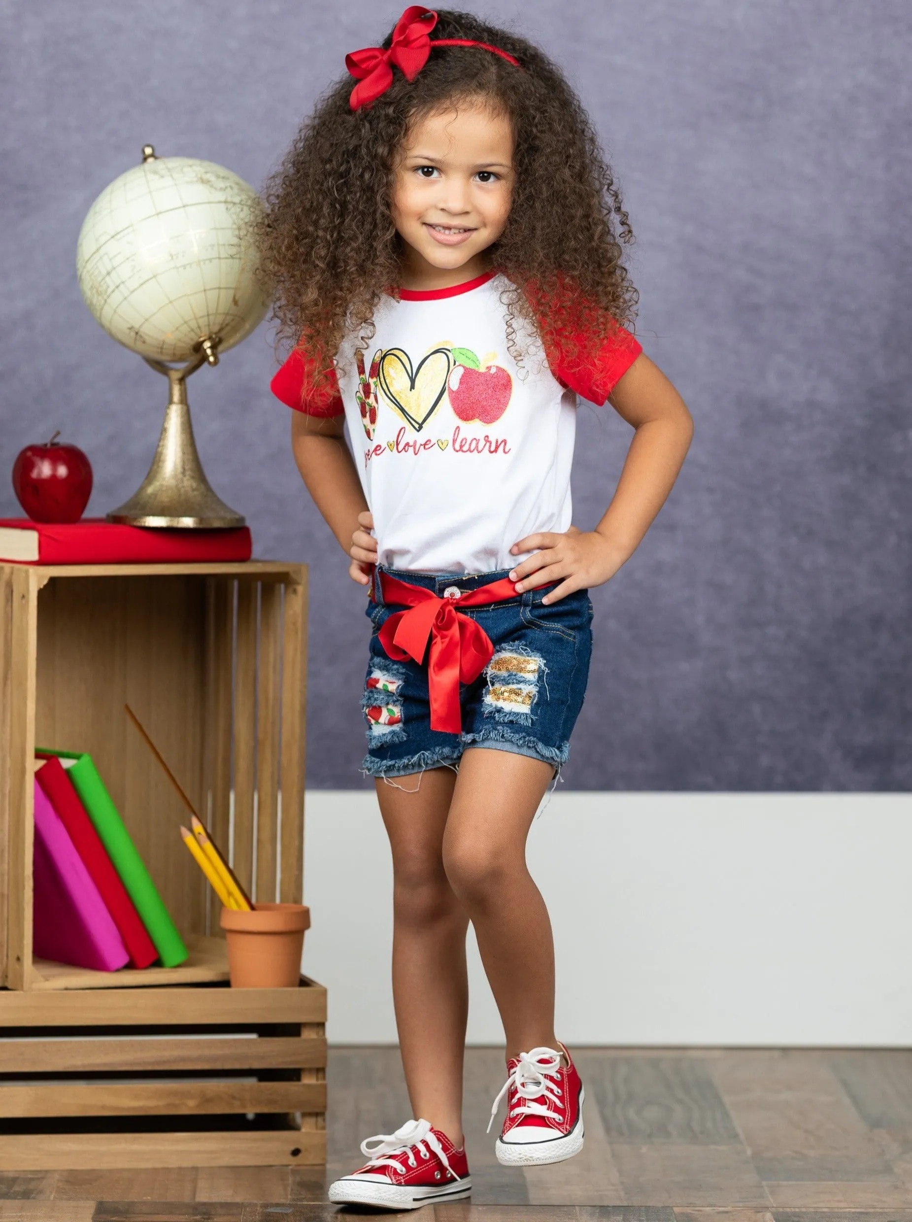 Peace, Love, Learn Patched Denim Short Set