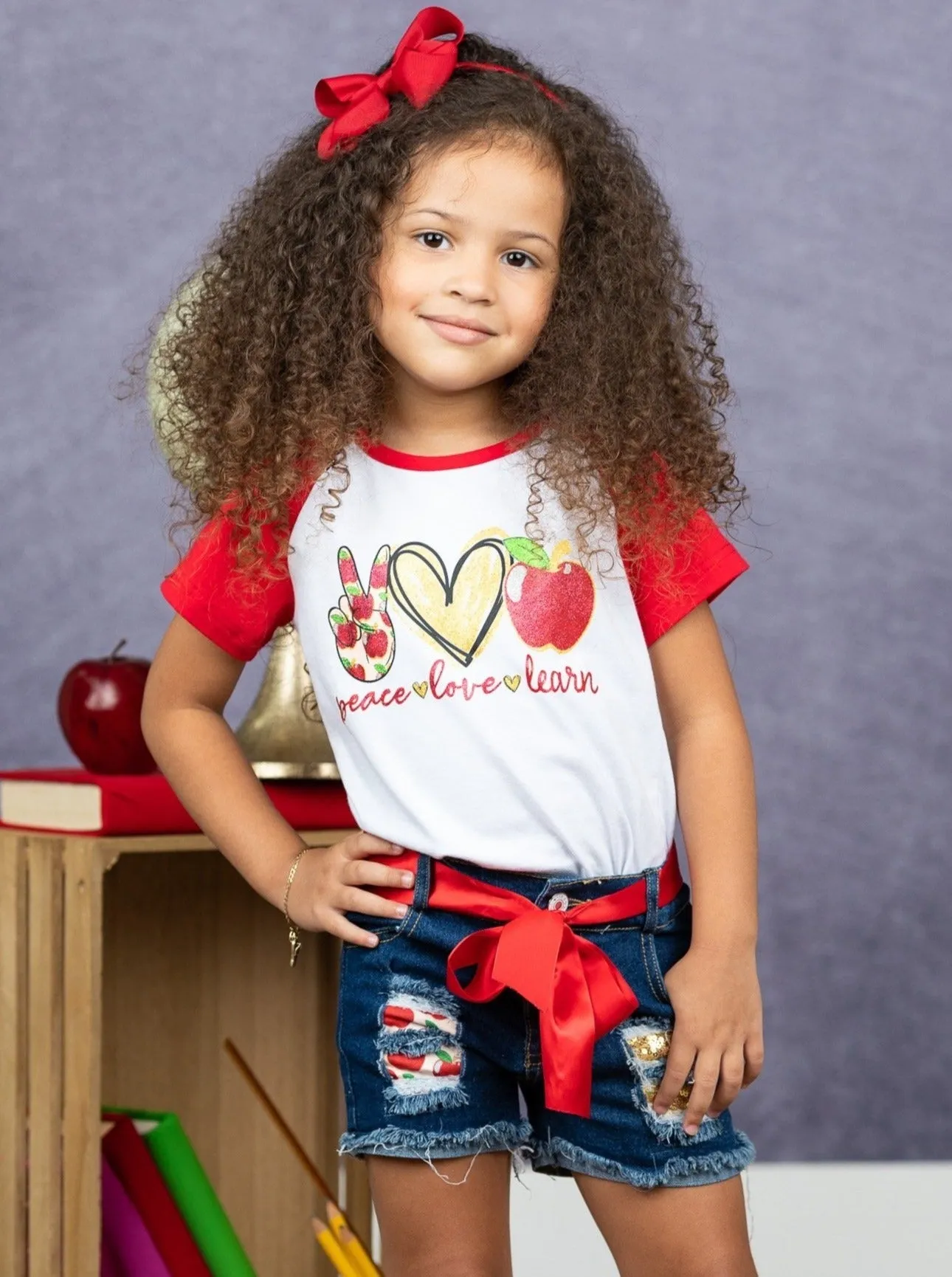 Peace, Love, Learn Patched Denim Short Set