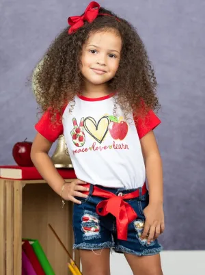 Peace, Love, Learn Patched Denim Short Set