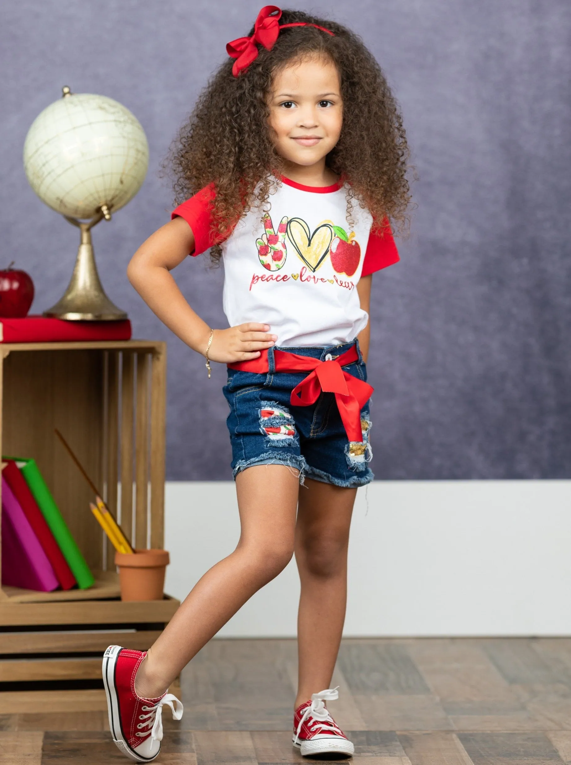Peace, Love, Learn Patched Denim Short Set