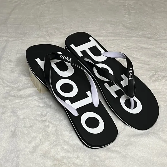 Polo Ralph Lauren bold logo Flip-flops White Black: NEW
