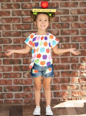 Rainbow Apples Patched Denim Short Set