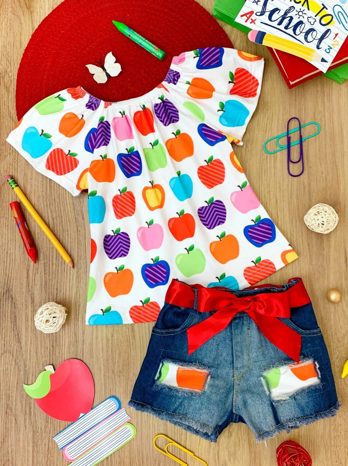 Rainbow Apples Patched Denim Short Set