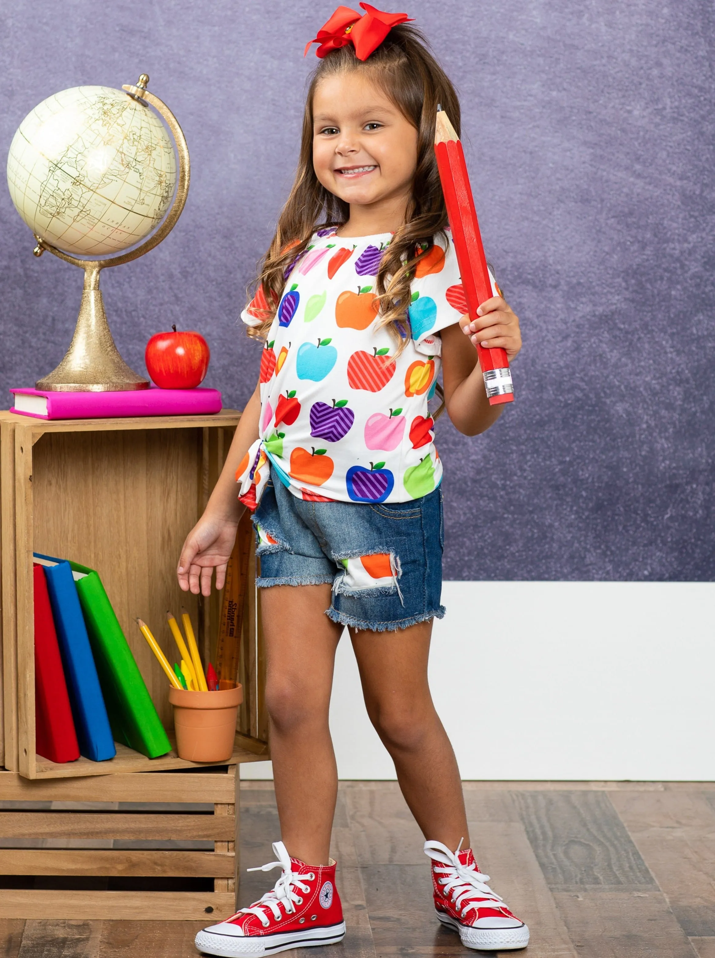 Rainbow Apples Patched Denim Short Set