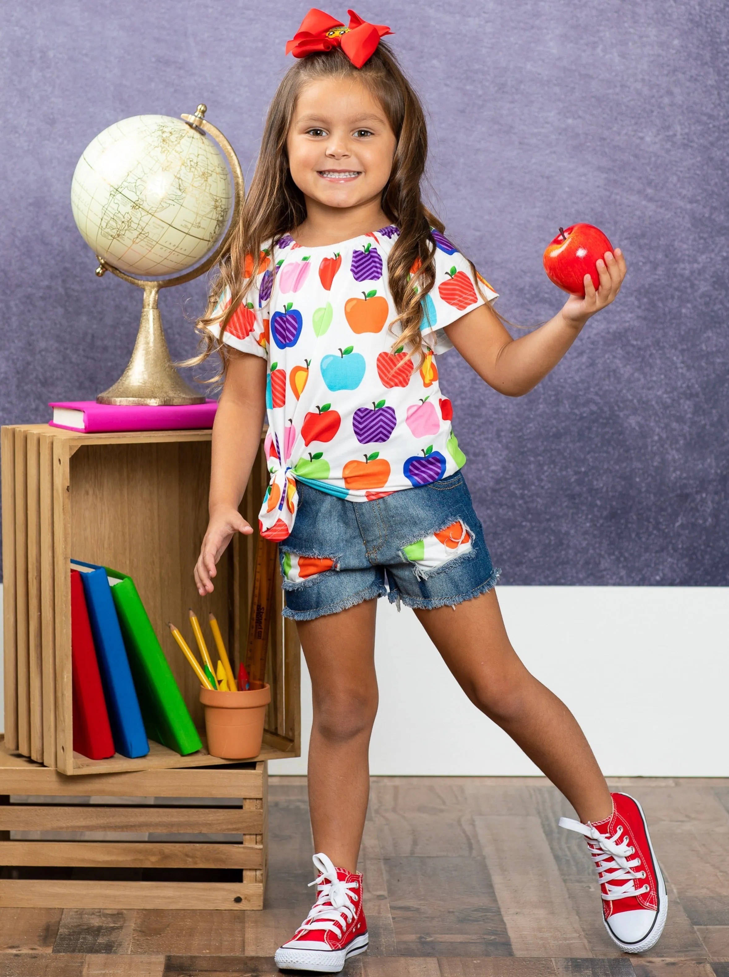 Rainbow Apples Patched Denim Short Set