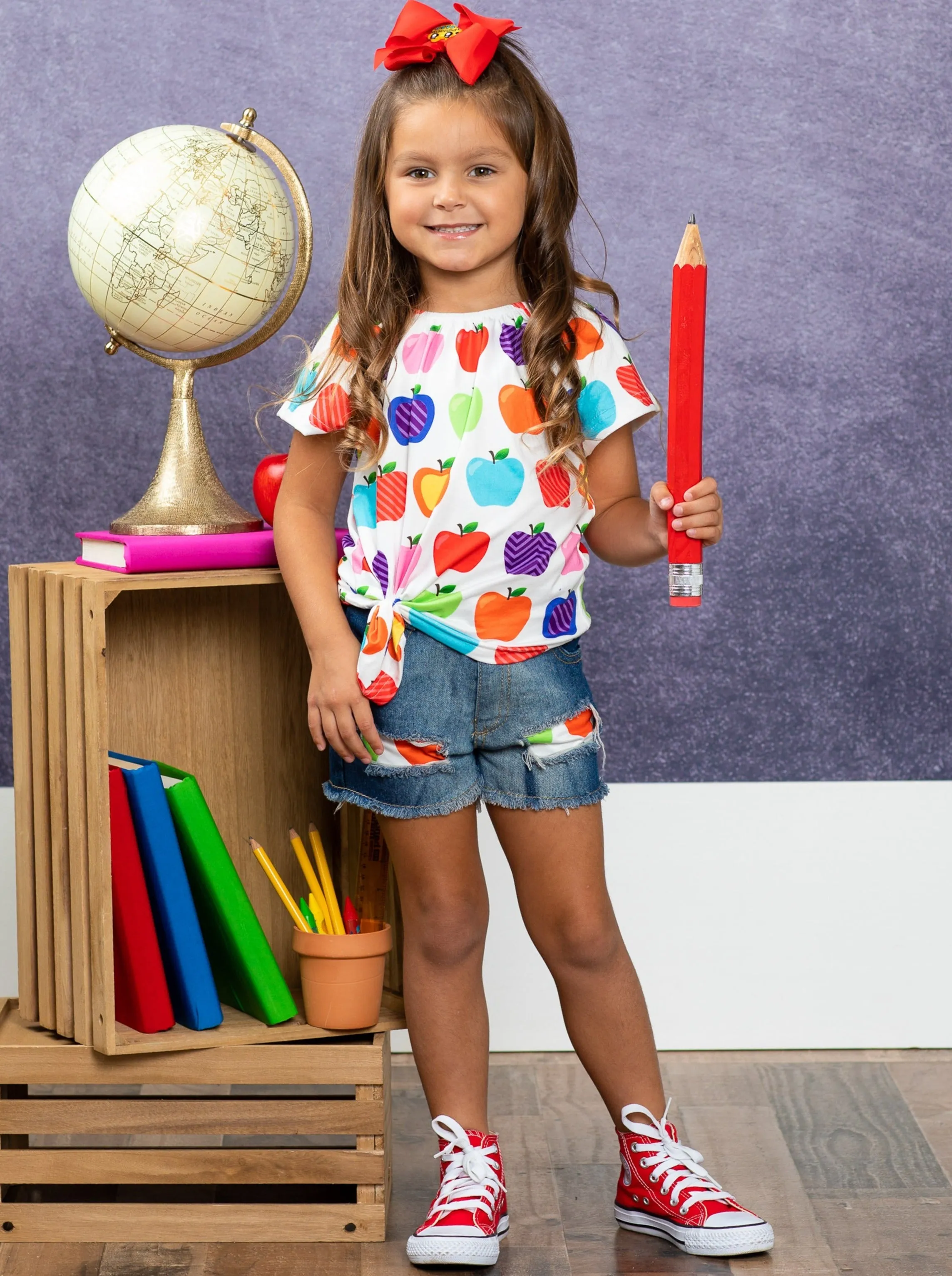 Rainbow Apples Patched Denim Short Set