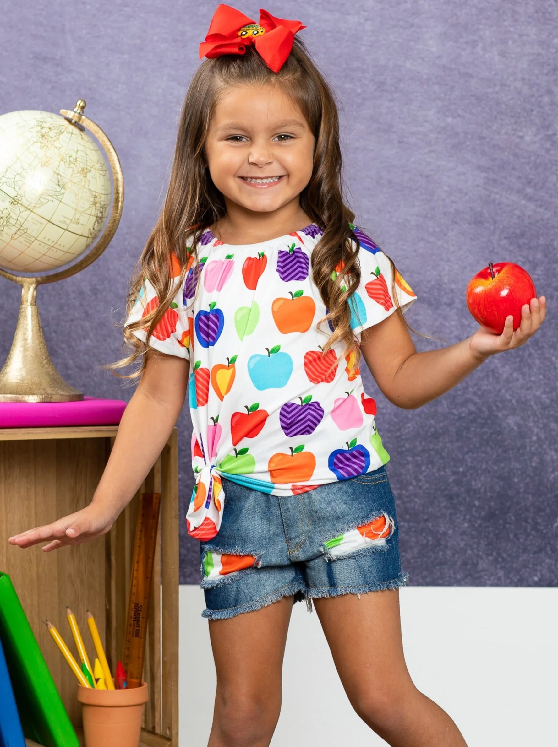 Rainbow Apples Patched Denim Short Set