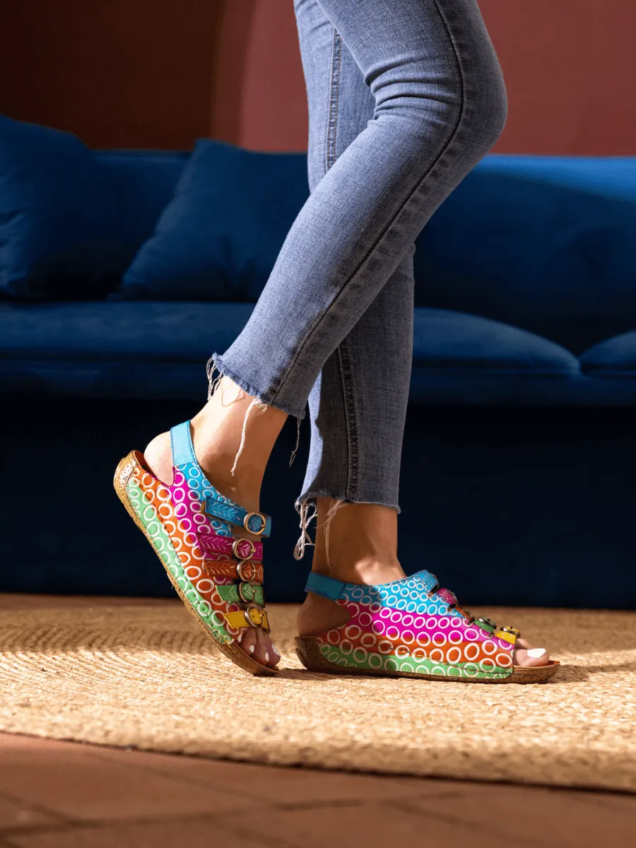 Rainbow Strap Bubble Pattern Leather Sandal