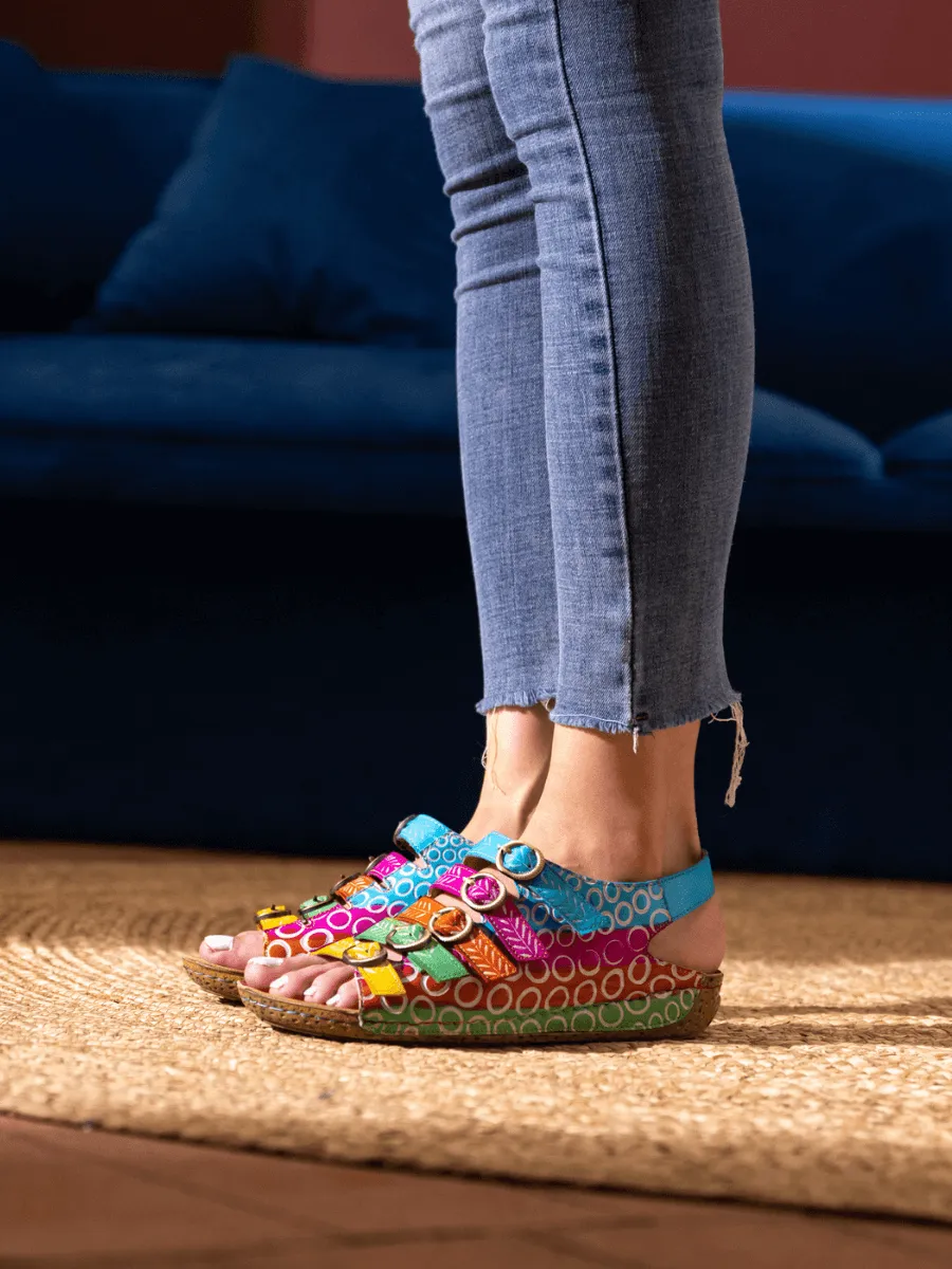 Rainbow Strap Bubble Pattern Leather Sandal