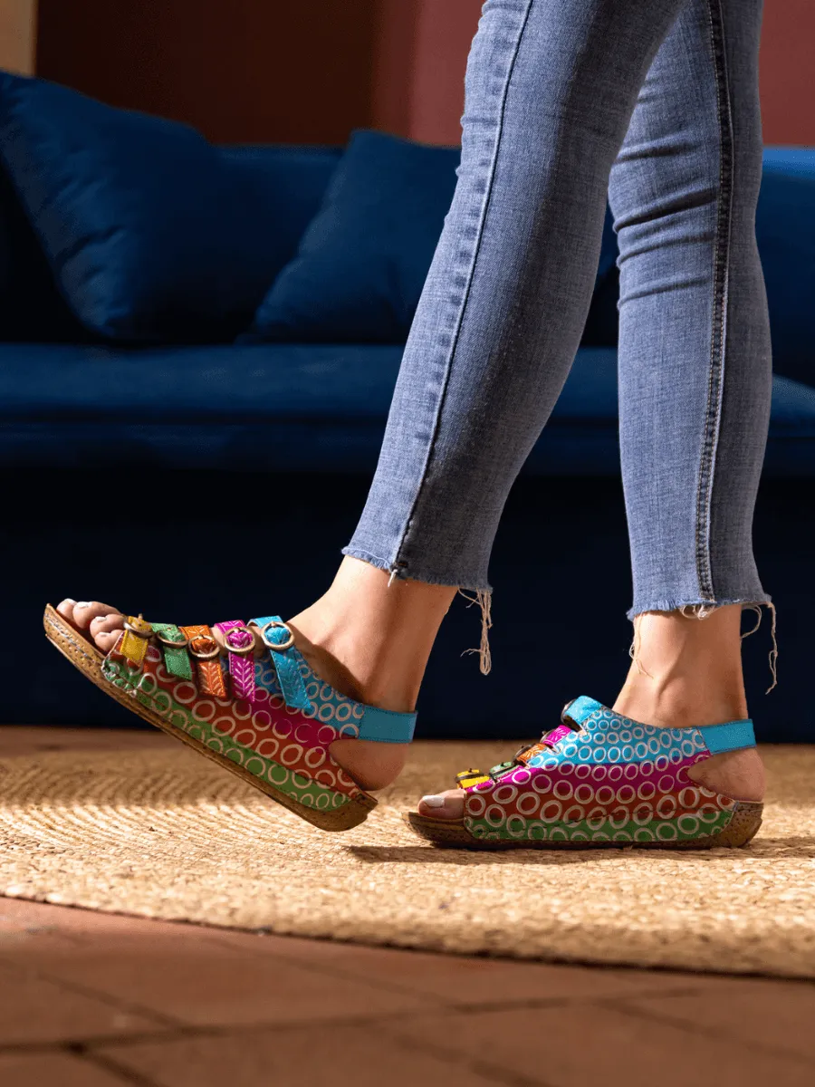 Rainbow Strap Bubble Pattern Leather Sandal