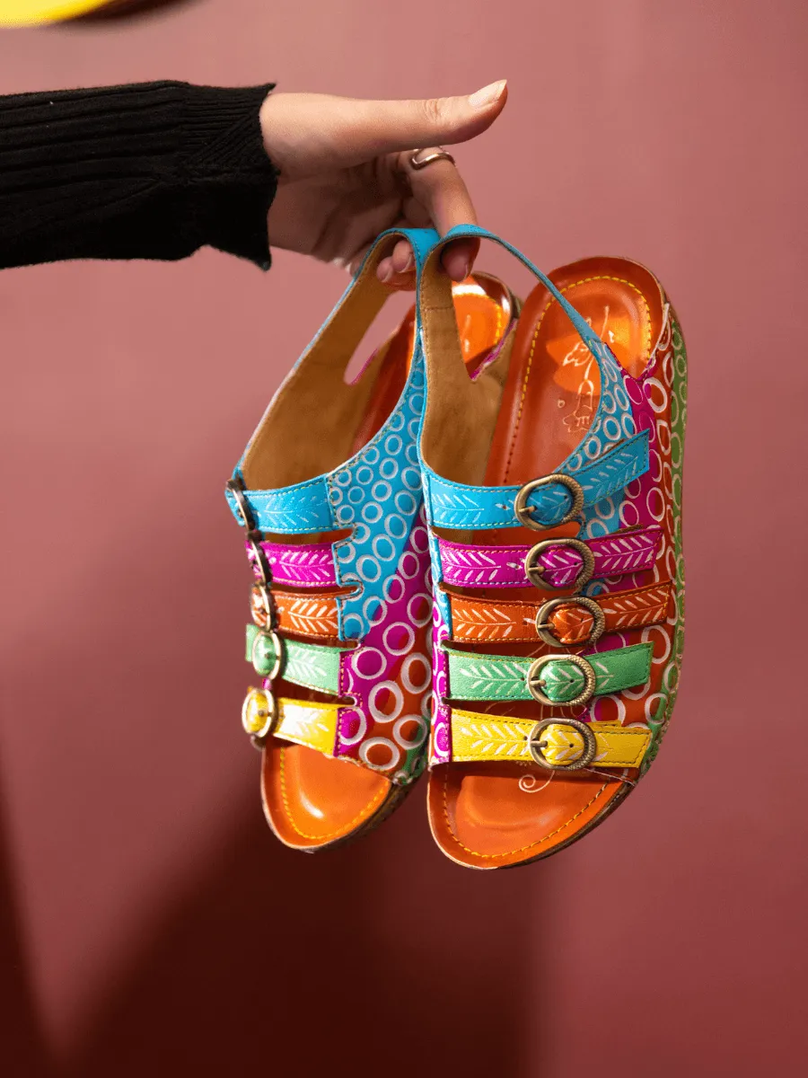 Rainbow Strap Bubble Pattern Leather Sandal