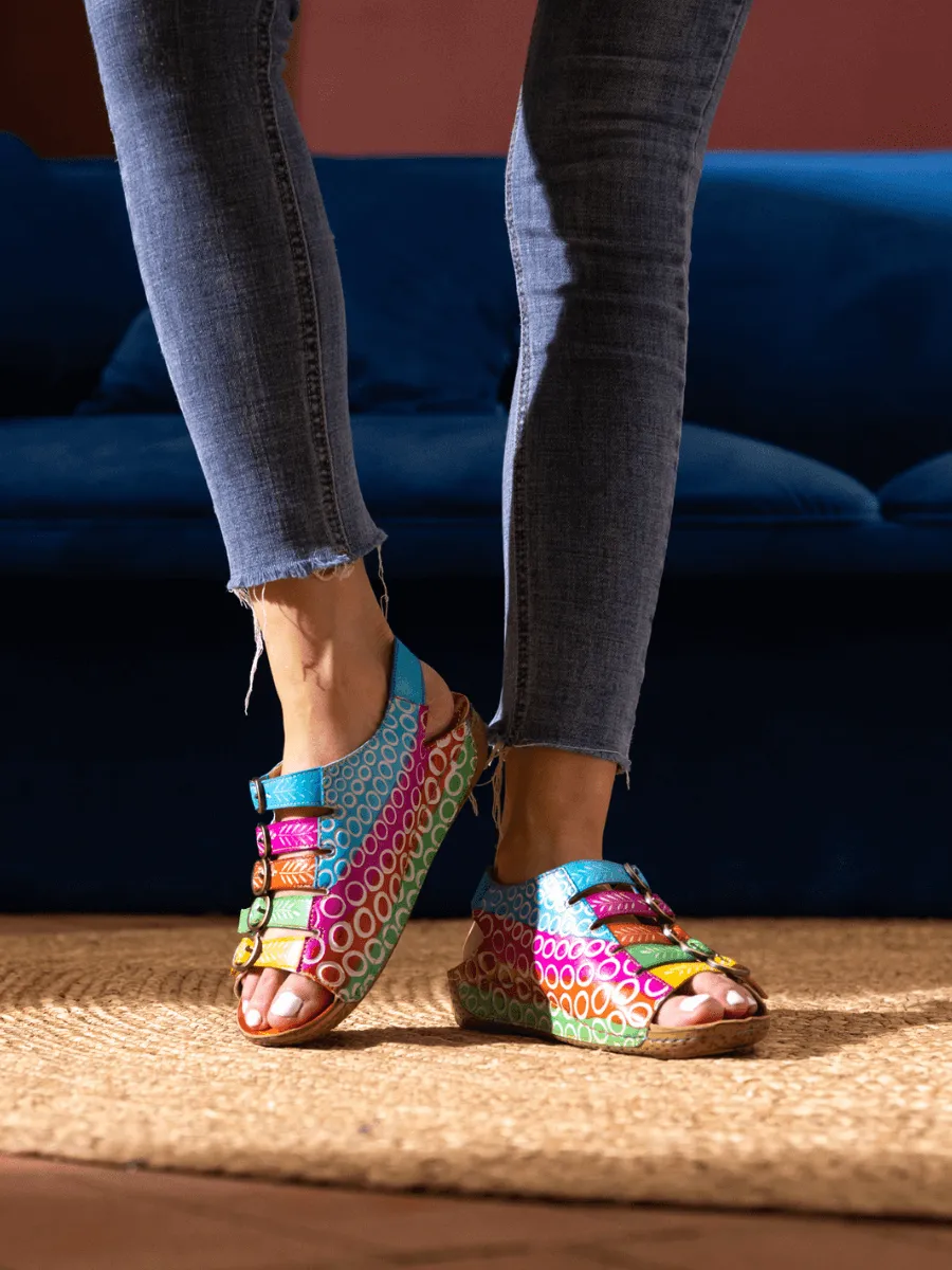 Rainbow Strap Bubble Pattern Leather Sandal