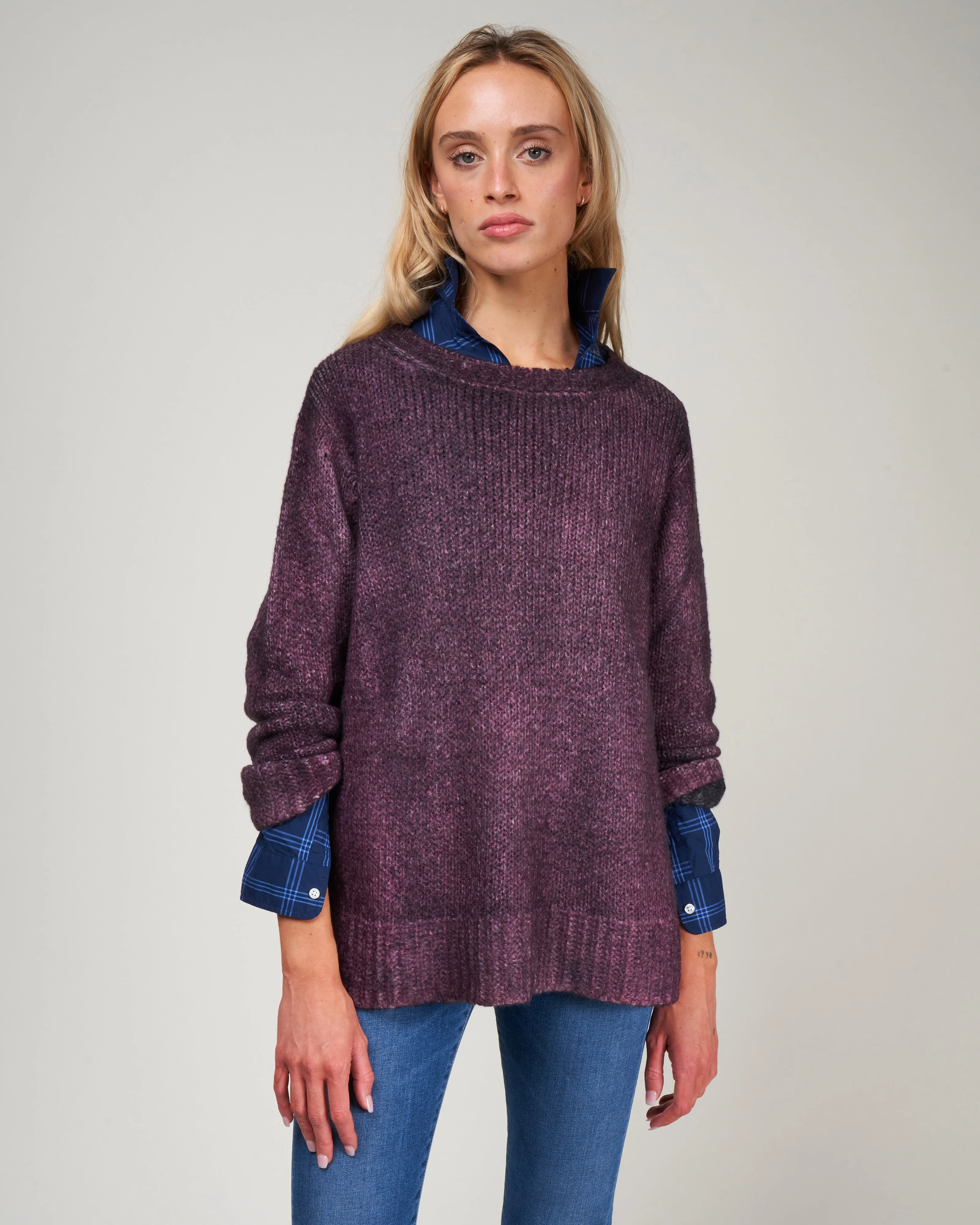 round neck pullover with slits - rhubarb