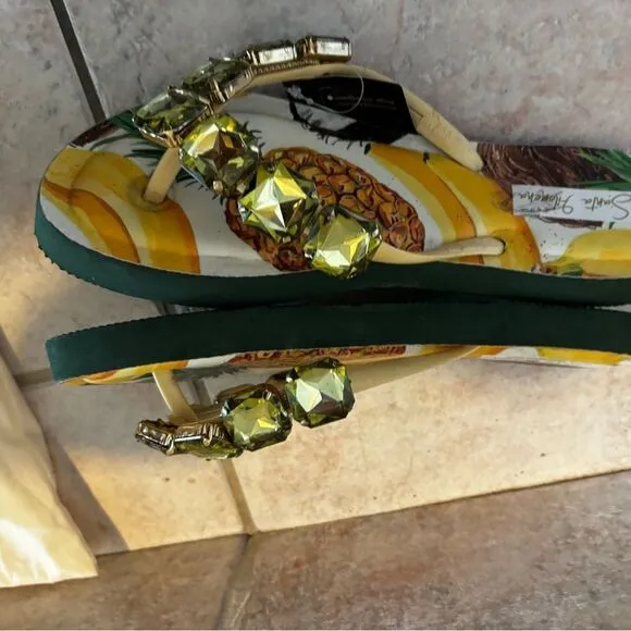 Santa Filomena new green stone crystal sandals flip flops Slides pineapple gems