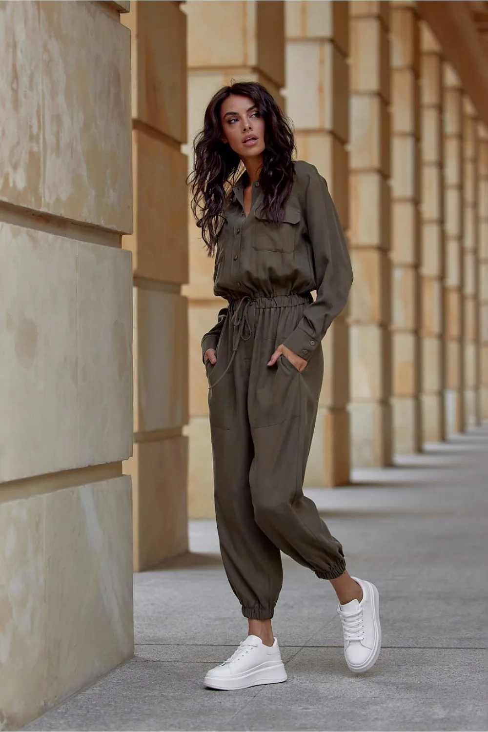 Shirt Style Chic Jumpsuit with Pockets