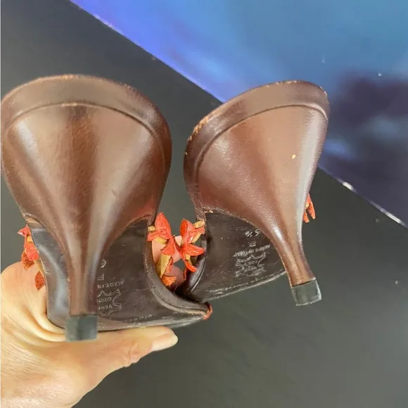 Sigerson Morrison Kitten Heel Slide Sandals_Orange Vine Pattern Leather