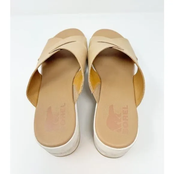Sorel Cameron Tan Leather Platform Wedge Slide Sandals US 9.5