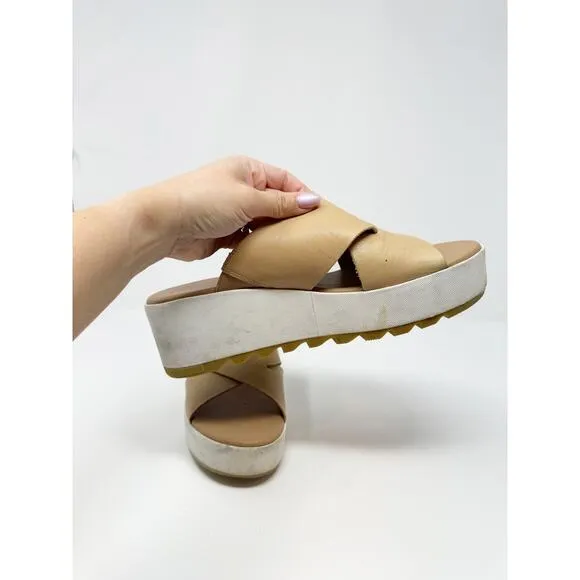 Sorel Cameron Tan Leather Platform Wedge Slide Sandals US 9.5