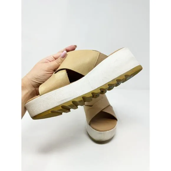 Sorel Cameron Tan Leather Platform Wedge Slide Sandals US 9.5