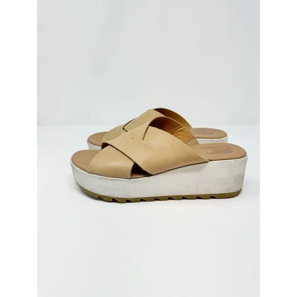 Sorel Cameron Tan Leather Platform Wedge Slide Sandals US 9.5