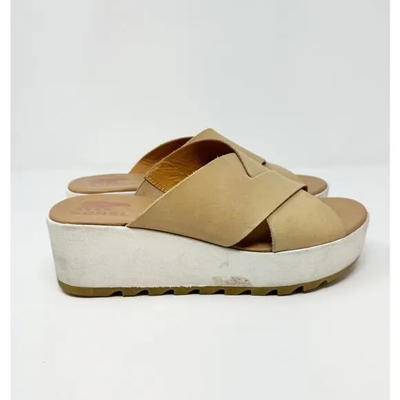 Sorel Cameron Tan Leather Platform Wedge Slide Sandals US 9.5